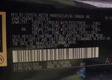 2010 Lexus Rx 350 from USA, damaged, VIN 2T2BK1BA6AC069437